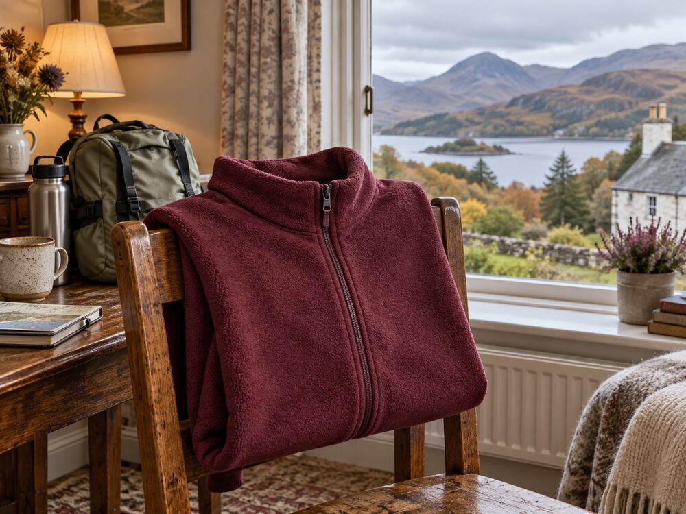 Representative burgundy full-zip fleece in a Scottish guest room