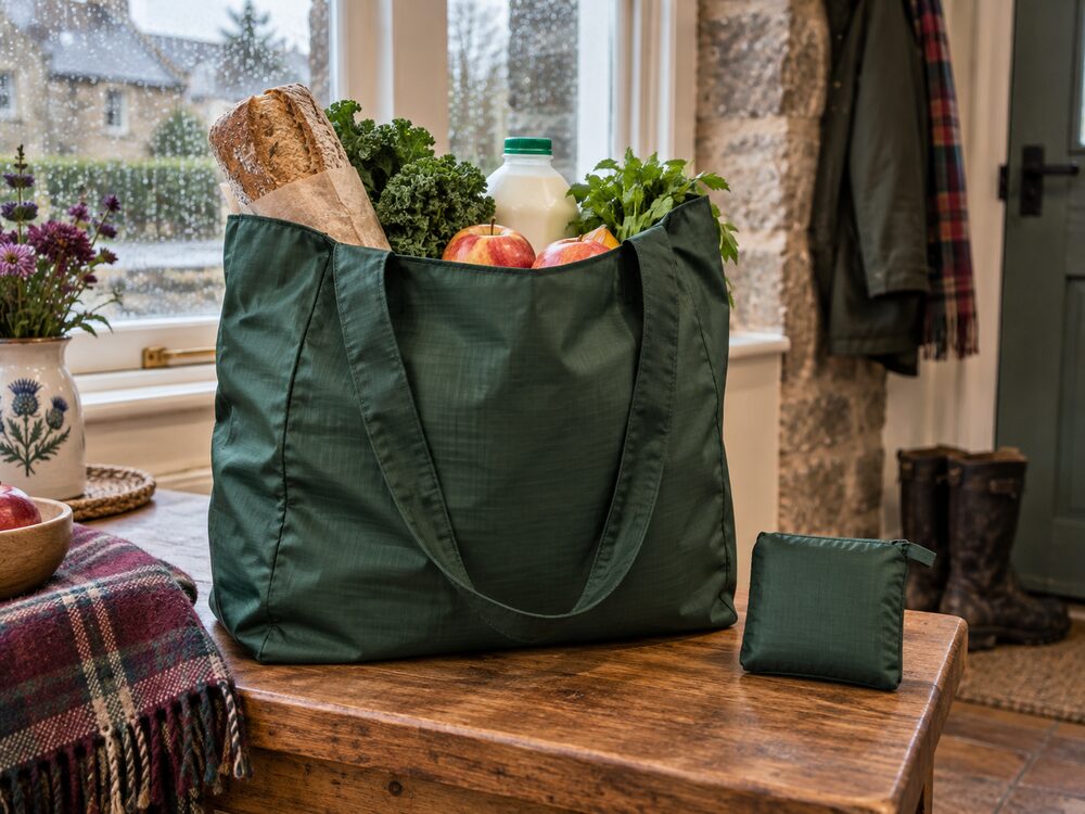 Representative forest-green foldable reusable shopping tote holding groceries beside its compact pouch