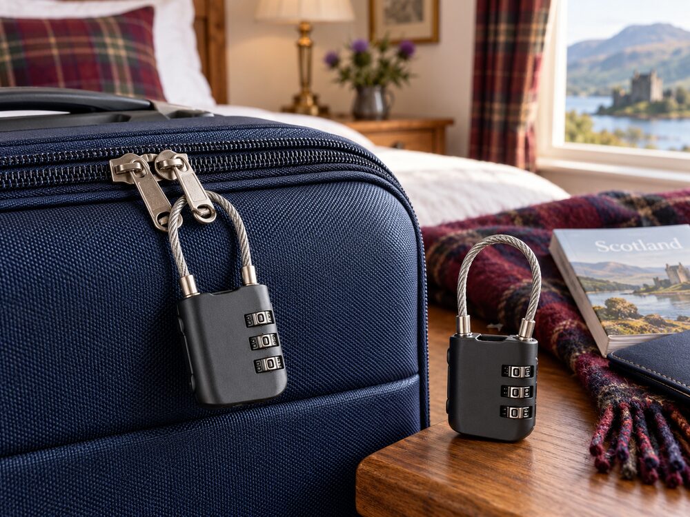 Representative combination cable luggage locks securing a suitcase