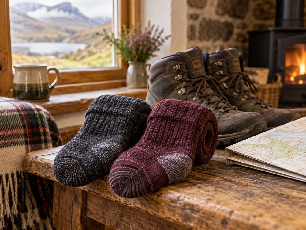 Representative warm merino walking socks ready for a Highland walk