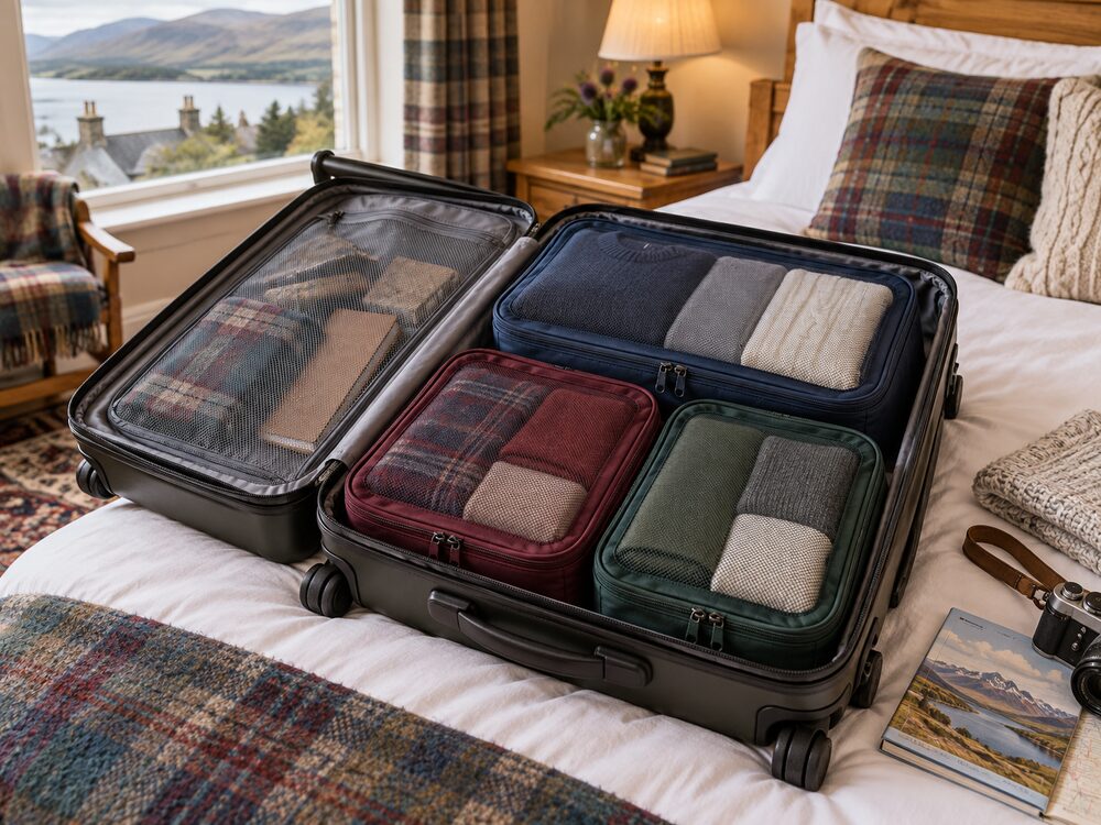 Representative zippered compression packing cubes organized inside a suitcase