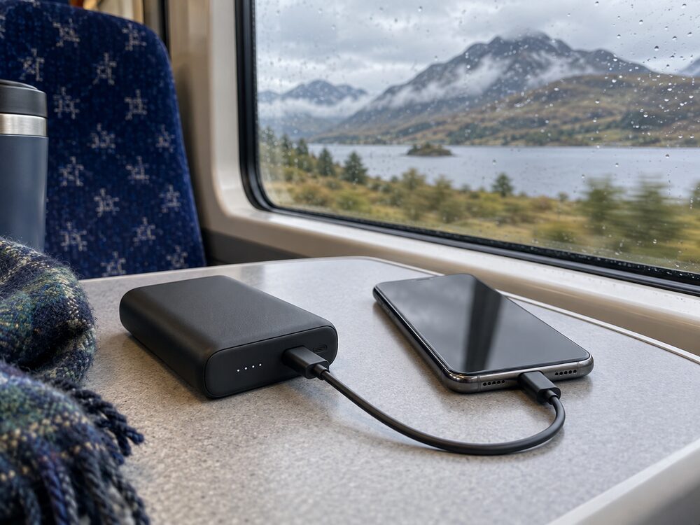 Representative USB-C power bank charging a phone on a Scottish train