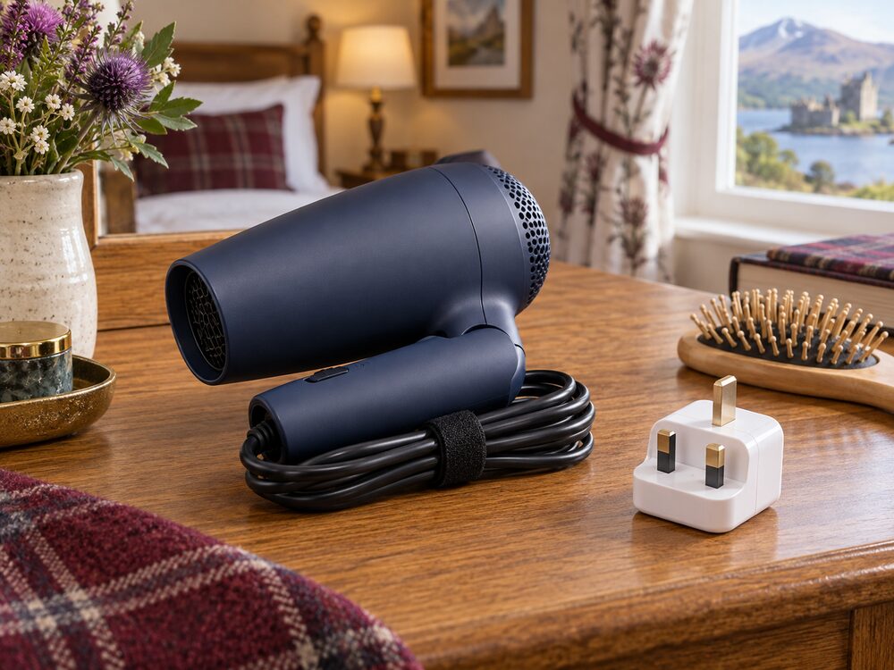 Representative compact dual-voltage folding travel hair dryer beside a UK Type G adapter