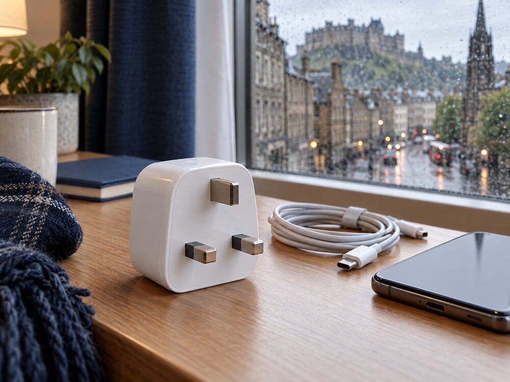 Representative UK Type G travel adapter with three rectangular pins
