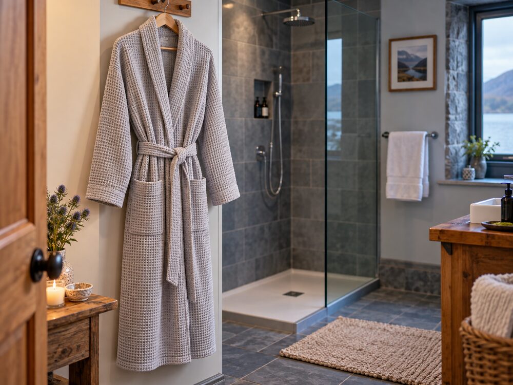 Representative lightweight full-length waffle robe hanging beside an open-panel shower in a Scottish guesthouse