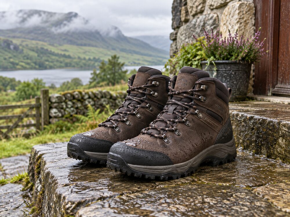 Representative waterproof walking boots on a rain-wet Scottish stone step